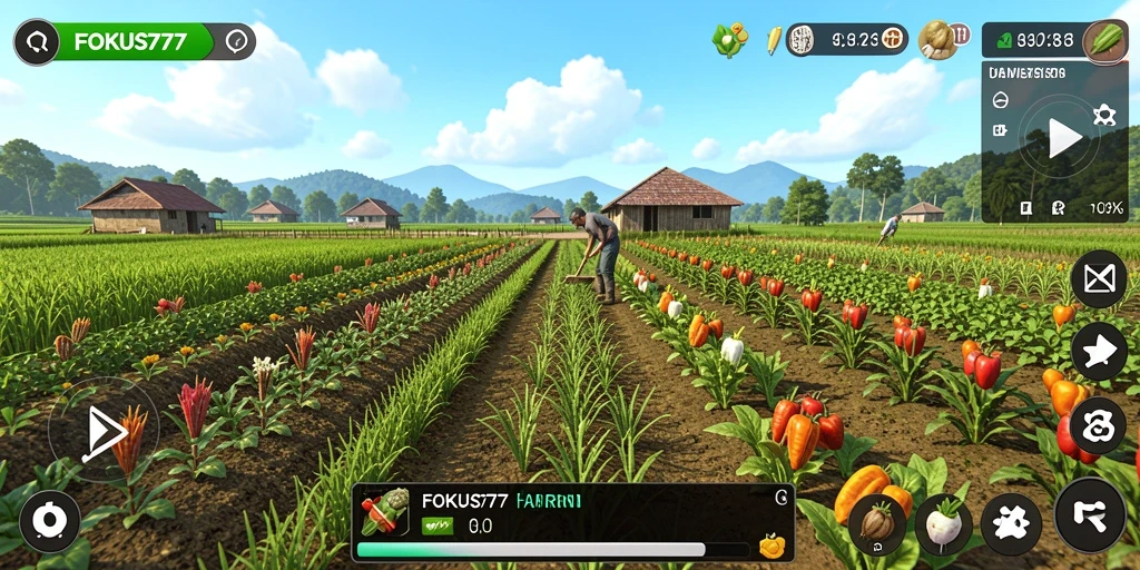 Tangkapan layar gameplay <strong>FOKUS777</strong> yang menampilkan kebun yang subur dan aktivitas bertani.