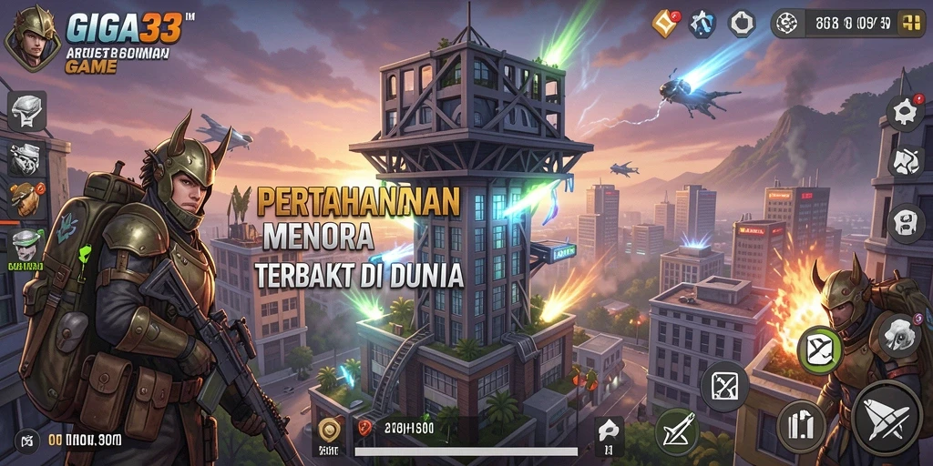 Screenshot GIGA33 menunjukkan aksi menara menghadapi gelombang musuh yang menegangkan.