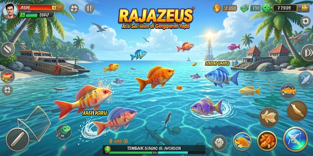 Screeshot gameplay RAJAZEUS menampilkan aksi menembak ikan yang seru.